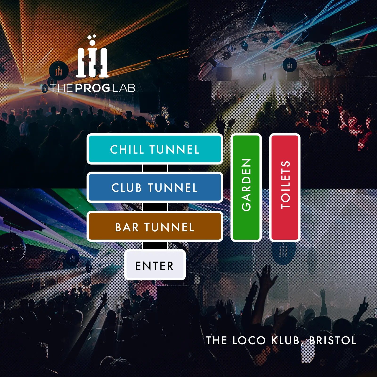 Venue layout for Prog Lab shows at The Loco Klub